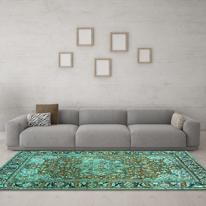 Machine Washable Medallion Turquoise Traditional Area Rugs in a Living Room,, wshtr23turq