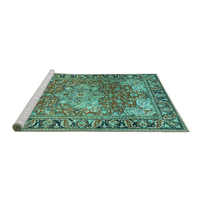 Sideview of Machine Washable Medallion Turquoise Traditional Area Rugs, wshtr23turq