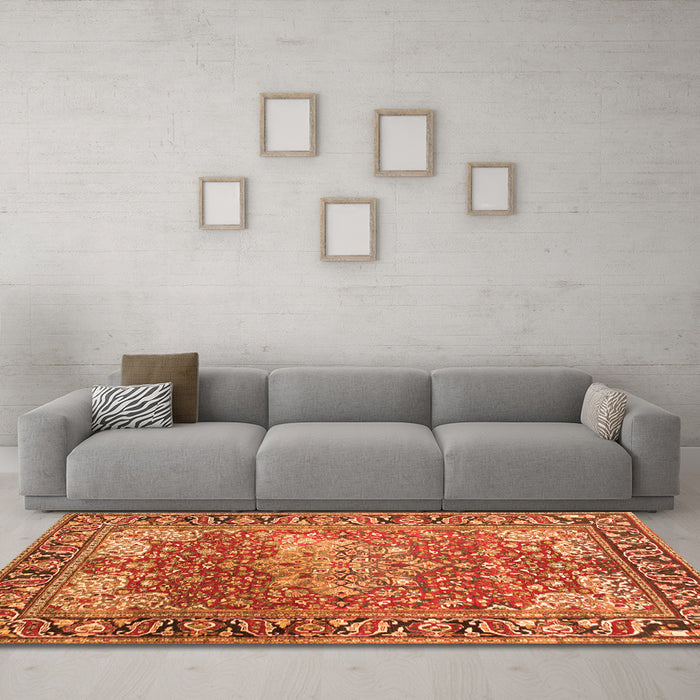 Machine Washable Medallion Orange Traditional Area Rugs in a Living Room, wshtr23org
