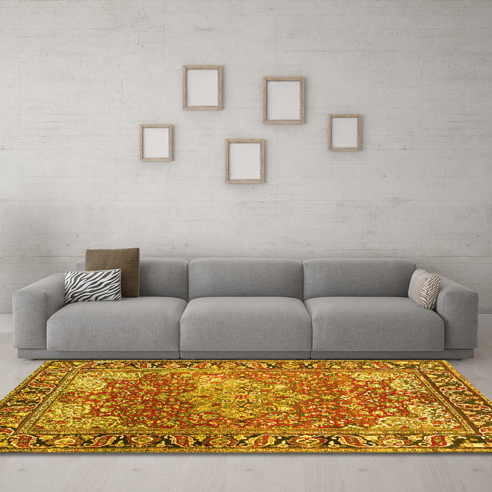 Machine Washable Medallion Yellow Traditional Rug in a Living Room, wshtr23yw