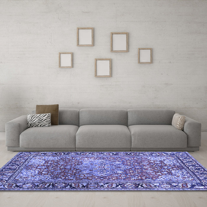 Machine Washable Medallion Blue Traditional Rug in a Living Room, wshtr23blu