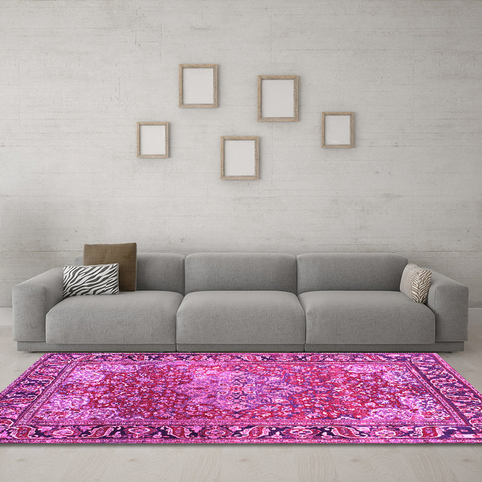 Machine Washable Medallion Pink Traditional Rug in a Living Room, wshtr23pnk