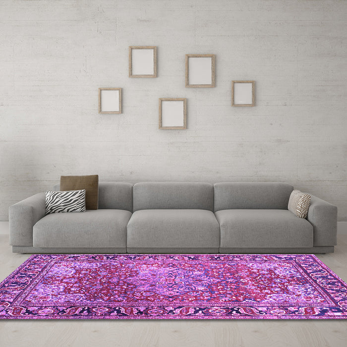 Machine Washable Medallion Purple Traditional Area Rugs in a Living Room, wshtr23pur
