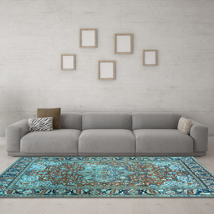Machine Washable Medallion Light Blue Traditional Rug in a Living Room, wshtr23lblu