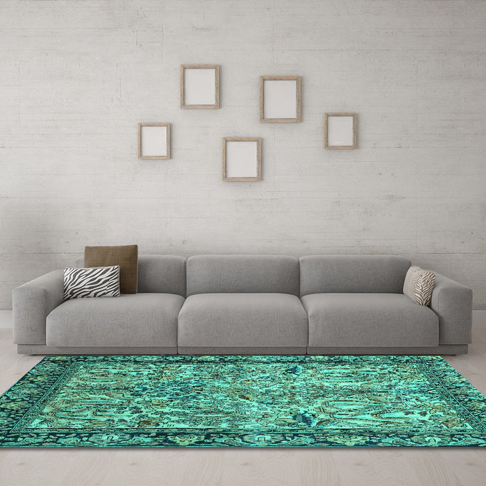 Machine Washable Persian Turquoise Traditional Area Rugs in a Living Room,, wshtr2404turq