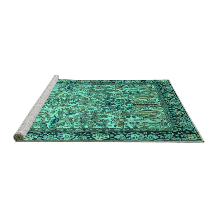 Sideview of Machine Washable Persian Turquoise Traditional Area Rugs, wshtr2404turq