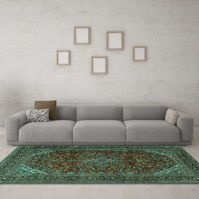 Machine Washable Persian Turquoise Traditional Area Rugs in a Living Room,, wshtr2405turq