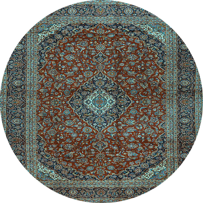 Round Machine Washable Medallion Light Blue Traditional Rug, wshtr2407lblu