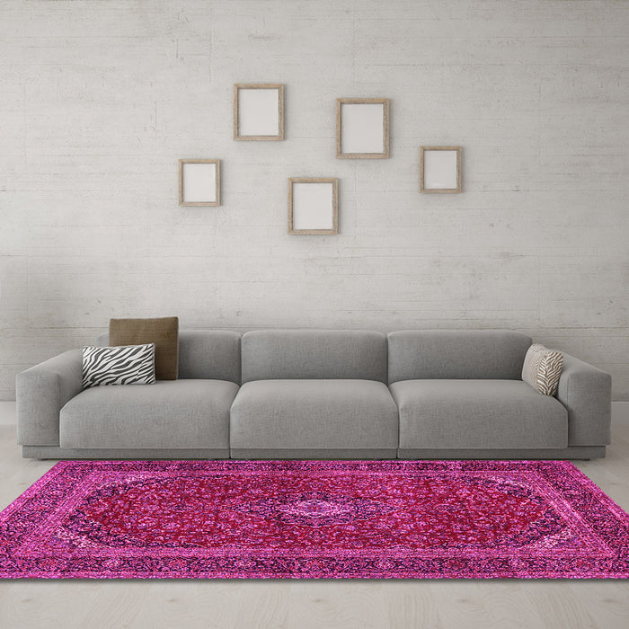 Machine Washable Medallion Pink Traditional Rug in a Living Room, wshtr2407pnk