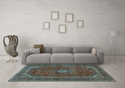 Machine Washable Medallion Light Blue Traditional Rug in a Living Room, wshtr2407lblu