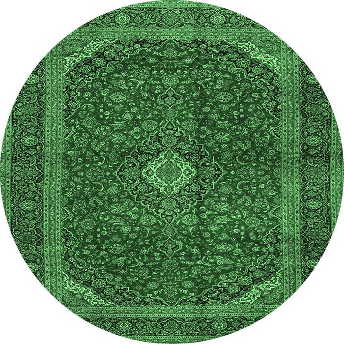Round Machine Washable Medallion Emerald Green Traditional Area Rugs, wshtr2407emgrn
