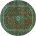 Round Machine Washable Medallion Turquoise Traditional Area Rugs, wshtr2407turq