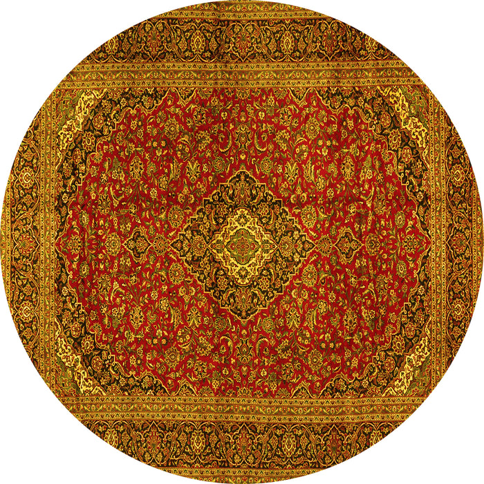 Round Machine Washable Medallion Yellow Traditional Rug, wshtr2407yw