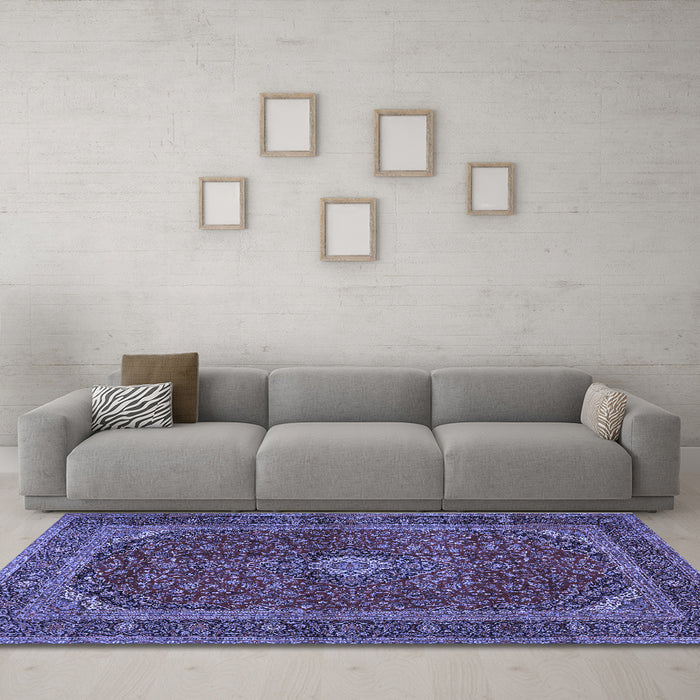 Machine Washable Medallion Blue Traditional Rug in a Living Room, wshtr2407blu