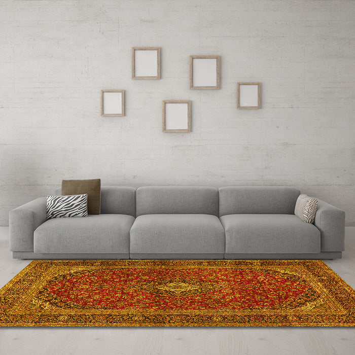 Machine Washable Medallion Yellow Traditional Rug in a Living Room, wshtr2407yw