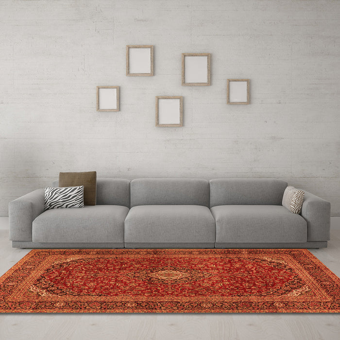 Machine Washable Medallion Orange Traditional Area Rugs in a Living Room, wshtr2407org