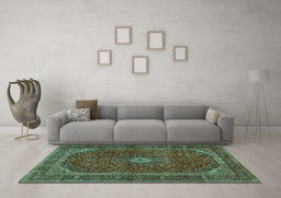 Machine Washable Medallion Turquoise Traditional Area Rugs in a Living Room,, wshtr2407turq