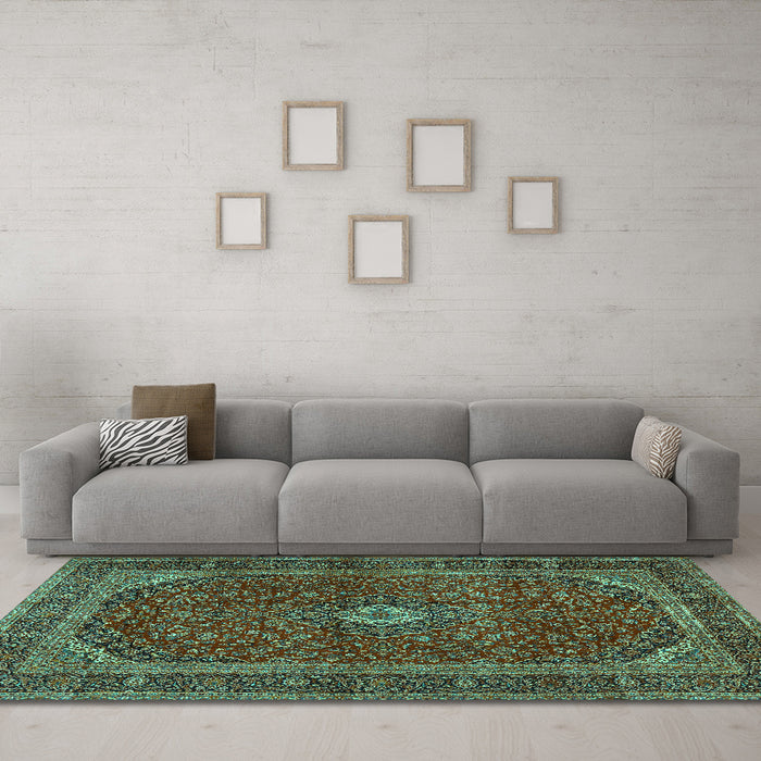 Machine Washable Medallion Turquoise Traditional Area Rugs in a Living Room,, wshtr2407turq