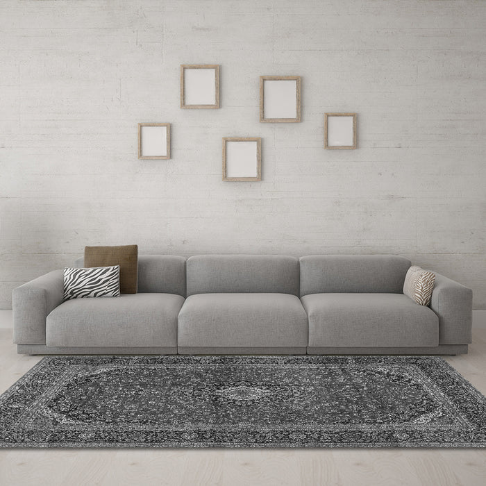 Machine Washable Medallion Gray Traditional Rug in a Living Room,, wshtr2407gry