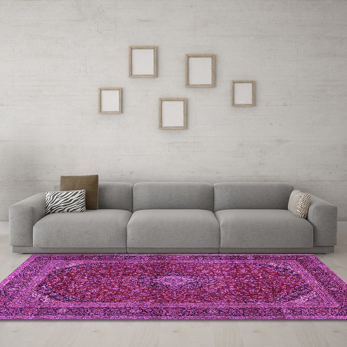 Machine Washable Medallion Purple Traditional Area Rugs in a Living Room, wshtr2407pur