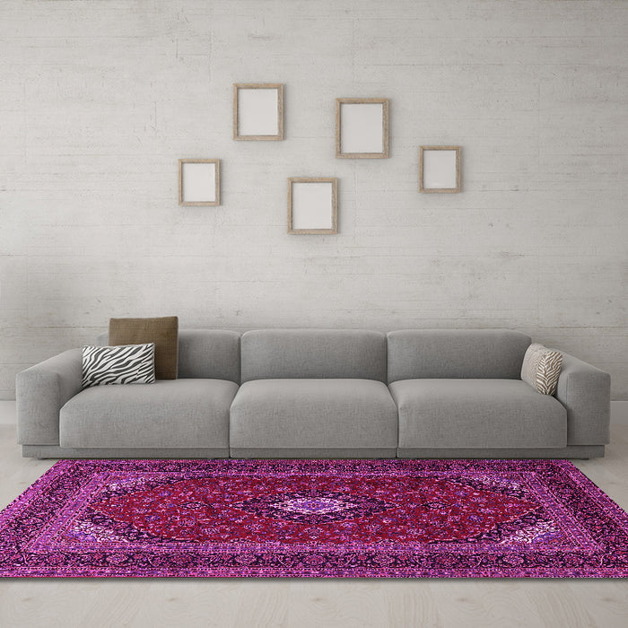 Machine Washable Medallion Pink Traditional Rug in a Living Room, wshtr2408pnk