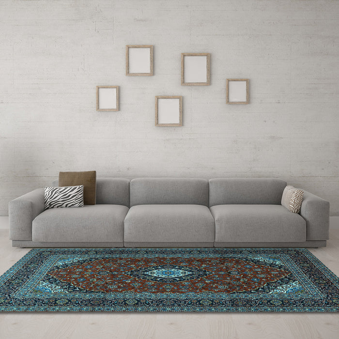 Machine Washable Medallion Light Blue Traditional Rug in a Living Room, wshtr2408lblu