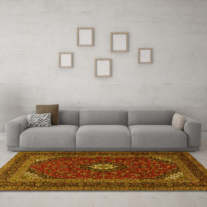 Machine Washable Medallion Yellow Traditional Rug in a Living Room, wshtr2408yw