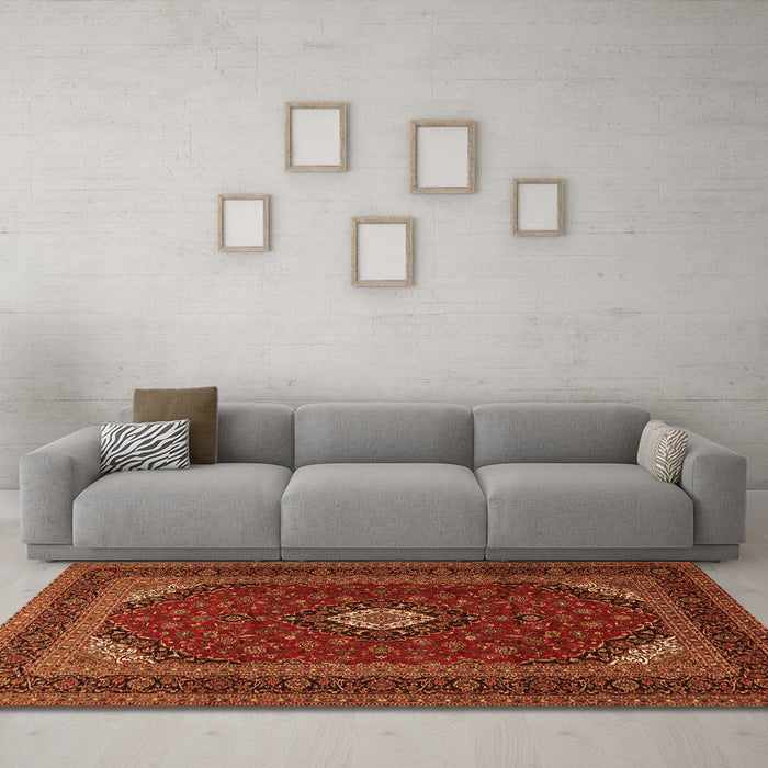 Machine Washable Medallion Orange Traditional Area Rugs in a Living Room, wshtr2408org