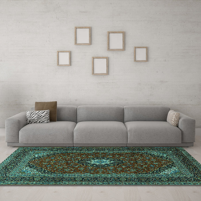 Machine Washable Medallion Turquoise Traditional Area Rugs in a Living Room,, wshtr2408turq