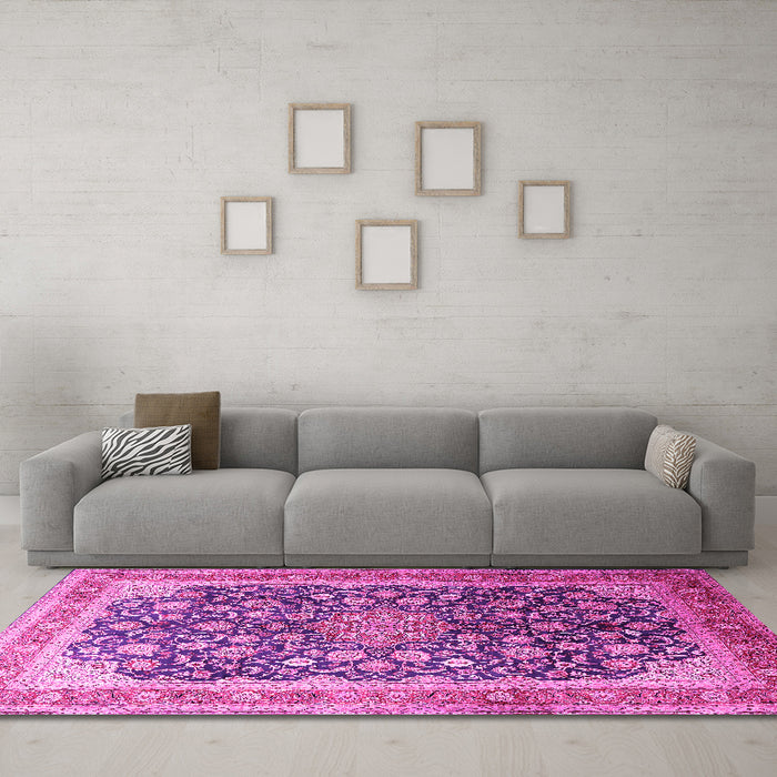 Machine Washable Medallion Pink Traditional Rug in a Living Room, wshtr240pnk