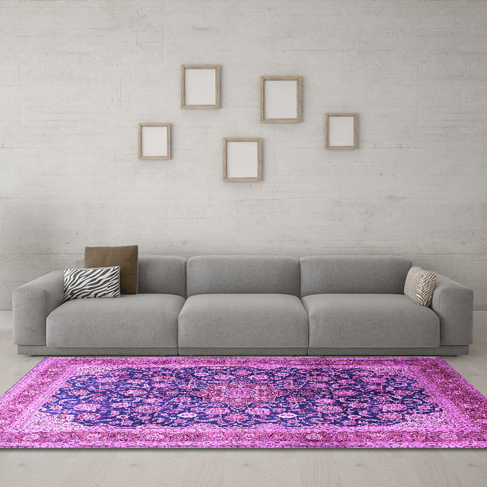 Machine Washable Medallion Purple Traditional Area Rugs in a Living Room, wshtr240pur
