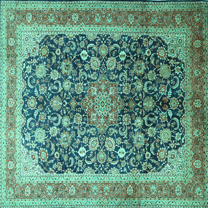 Square Machine Washable Medallion Turquoise Traditional Area Rugs, wshtr240turq
