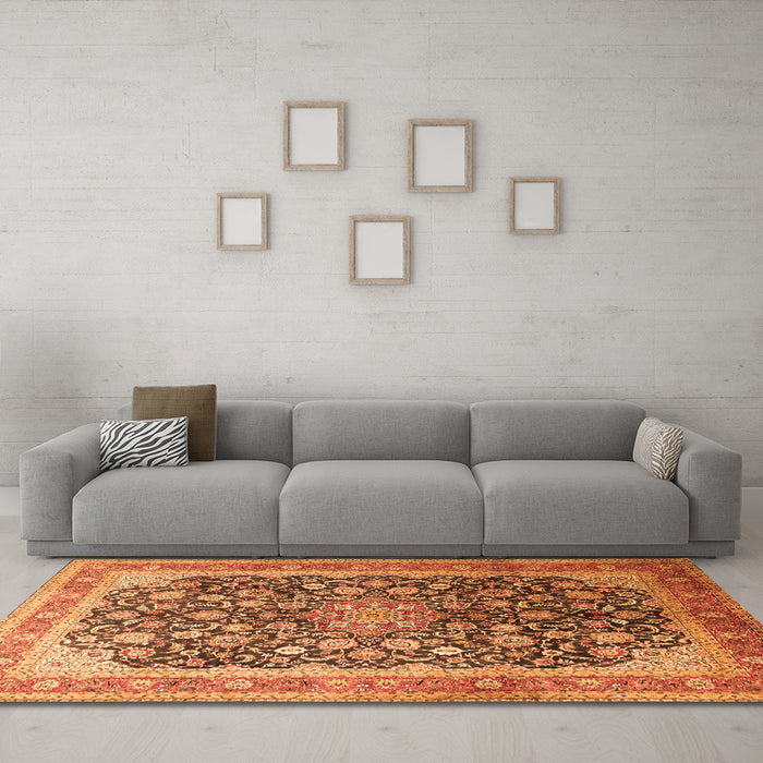 Machine Washable Medallion Orange Traditional Area Rugs in a Living Room, wshtr240org