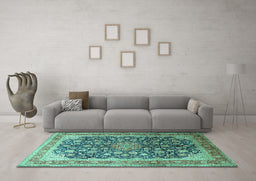 Machine Washable Medallion Turquoise Traditional Area Rugs in a Living Room,, wshtr240turq