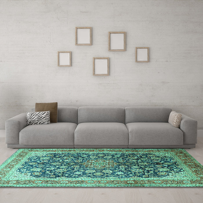 Machine Washable Medallion Turquoise Traditional Area Rugs in a Living Room,, wshtr240turq