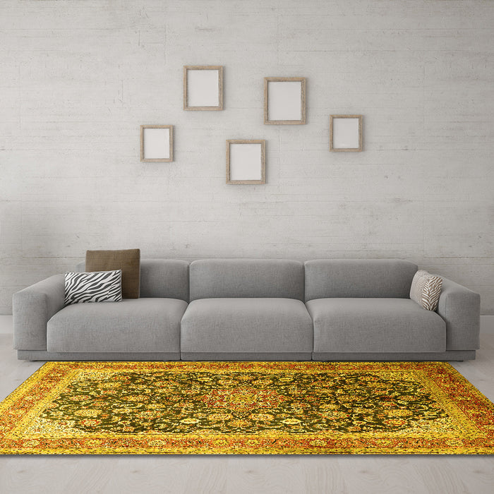 Machine Washable Medallion Yellow Traditional Rug in a Living Room, wshtr240yw