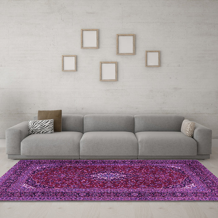 Machine Washable Medallion Purple Traditional Area Rugs in a Living Room, wshtr2410pur