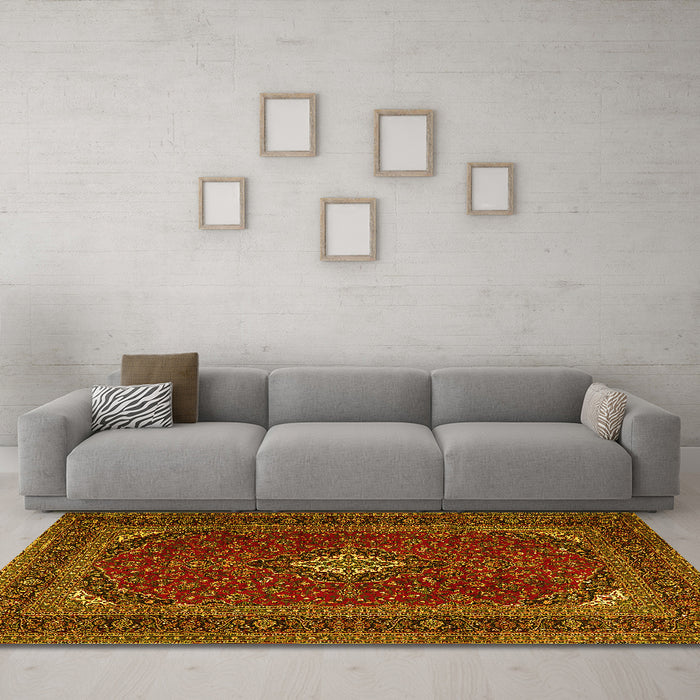 Machine Washable Medallion Yellow Traditional Rug in a Living Room, wshtr2410yw