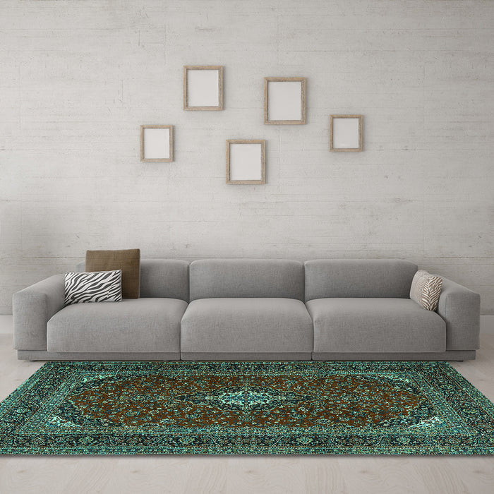 Machine Washable Medallion Turquoise Traditional Area Rugs in a Living Room,, wshtr2410turq