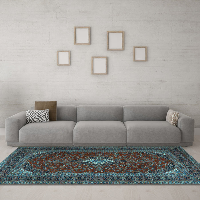 Machine Washable Medallion Light Blue Traditional Rug in a Living Room, wshtr2410lblu