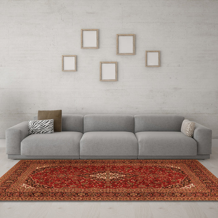 Machine Washable Medallion Orange Traditional Area Rugs in a Living Room, wshtr2410org