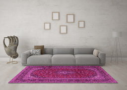 Machine Washable Medallion Pink Traditional Rug in a Living Room, wshtr2411pnk