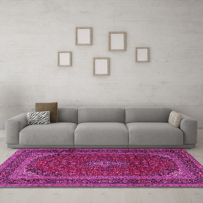Machine Washable Medallion Pink Traditional Rug in a Living Room, wshtr2411pnk