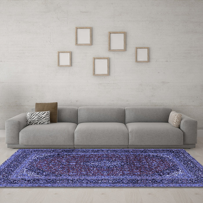 Machine Washable Medallion Blue Traditional Rug in a Living Room, wshtr2411blu
