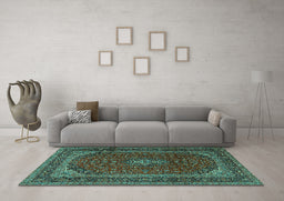 Machine Washable Medallion Turquoise Traditional Area Rugs in a Living Room,, wshtr2411turq