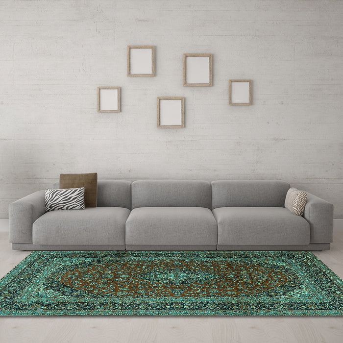 Machine Washable Medallion Turquoise Traditional Area Rugs in a Living Room,, wshtr2411turq
