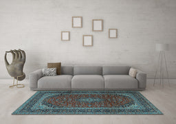 Machine Washable Medallion Light Blue Traditional Rug in a Living Room, wshtr2411lblu