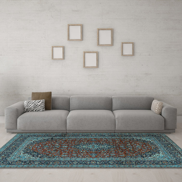 Machine Washable Medallion Light Blue Traditional Rug in a Living Room, wshtr2411lblu