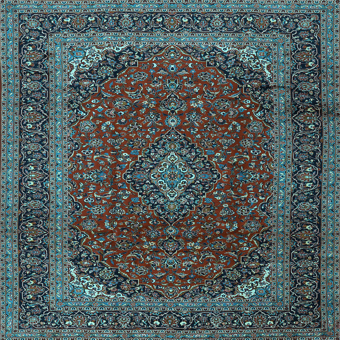 Square Machine Washable Medallion Light Blue Traditional Rug, wshtr2411lblu
