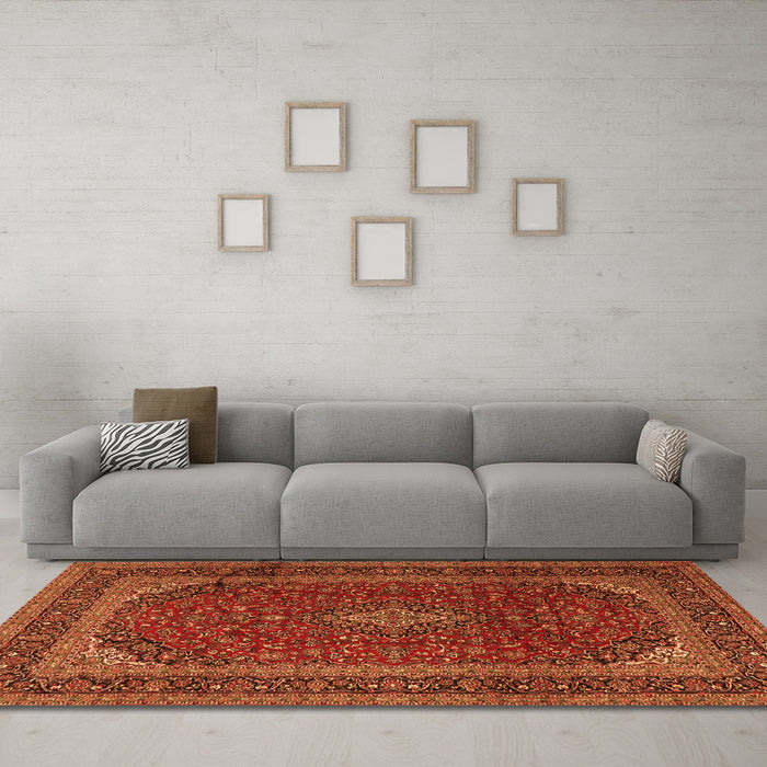 Machine Washable Medallion Orange Traditional Area Rugs in a Living Room, wshtr2411org